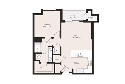 Deco A2-1 floor plan 1 Bedroom 1 Bathroom 834 square feet